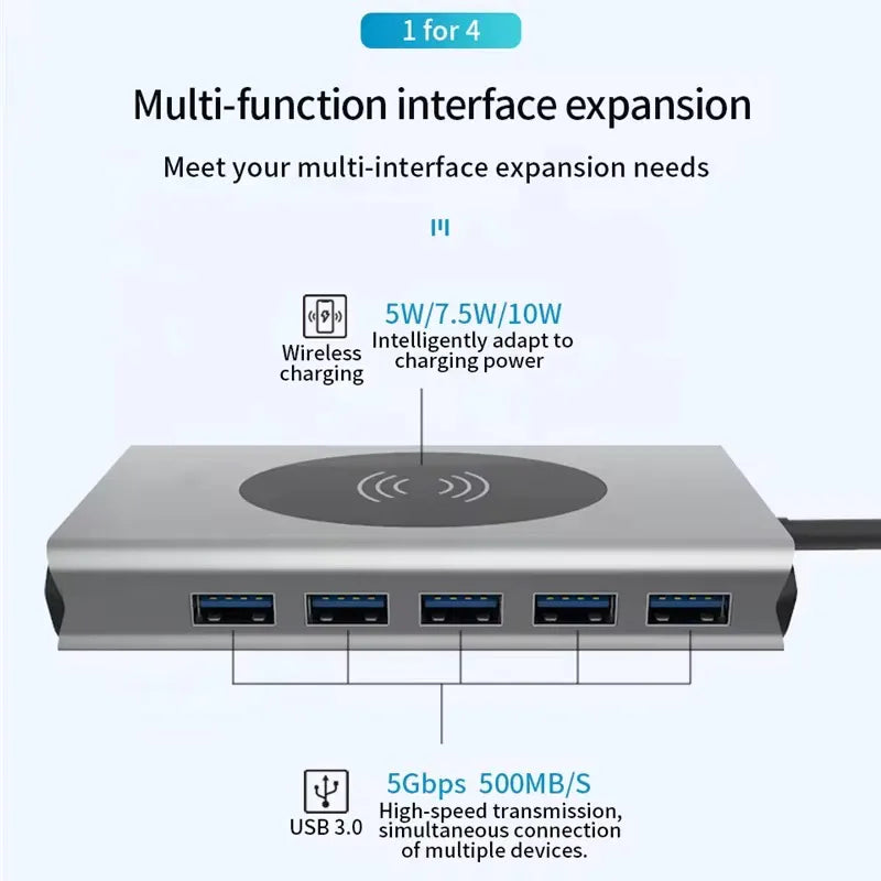 Hub USB-C 14 en 1 con Carga Inalámbrica