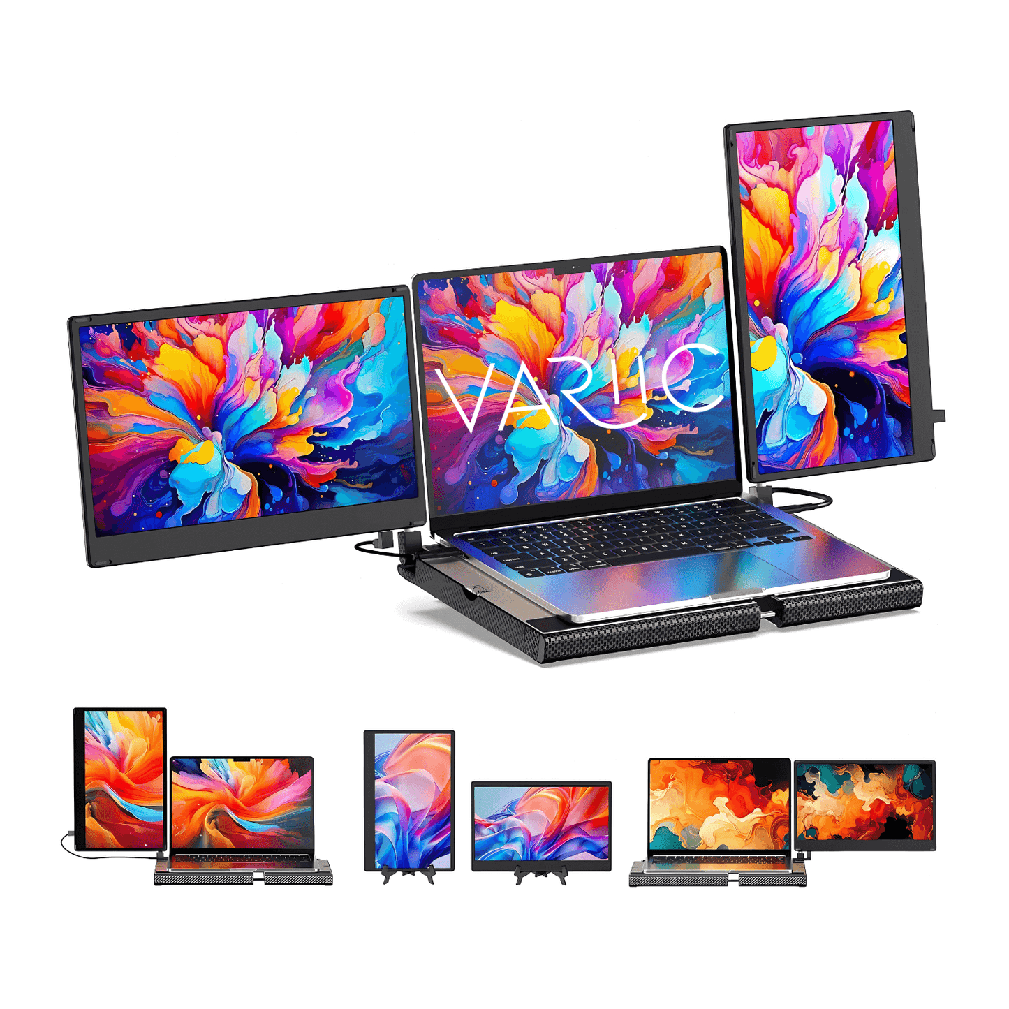 Pantalla triple portátil VARIIC F3 con rotación 360 grados montada en laptop